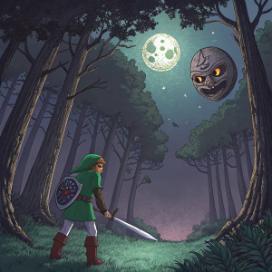 Promotional artwork for 'The Legend of Zelda: Majora's Mask'. A mysterious forest scene with dark, looming trees and eerie moon high above. Link, in green tunic, stands ready with sword drawn, facing a twisted moon face. Vibrant colors, detailed backgrounds