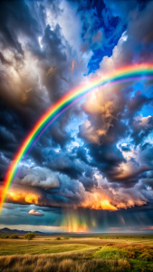Wide shot of a rainbow arcing across the sky, colors vibrant against the gray clouds. hyper real