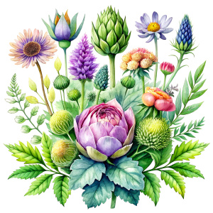 watercolor image , artichokes  ,pink centaurea ,nigella ,mentha ,, hydrangea , wild lupine ,compass plant ,dogwoodevening primrose ,nodding onion , cosmos,scilla,hosta ,achillea,carly dock ,bee balm , physalis , watercolor,  background