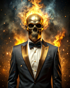 effect, photoshop action, realistic black gold skull with human body in tuxedo, fire, sparks, dust, explosion, smoke, sand, shadows, glow, glow, glare, light, slim, in style: serious, business, wise, quality xd, 