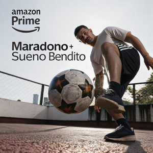 Anuncios promocionales de Amazon Prime Video. Destaca al joven futbolista en pose dinámica, realizando un potente disparo. Paleta de colores vibrantes inspirada en el fútbol. Muestra la marca Amazon Prime Video de manera prominente. El texto en español promociona la serie 'Maradona: Sueño Bendito'. Estilo de imagen dinámico y orientado a la acción.