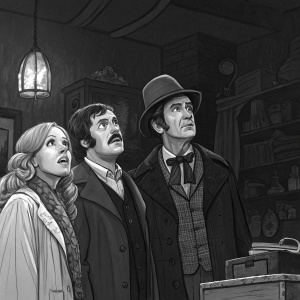 Carol Cleveland, Terry Jones, John Cleese, and Michael Palin, dressed in period costumes, performing a sketch from Monty Python's Flying Circus in the 1970s. The scene is set in a dimly lit, cluttered room, with a monochromatic backdrop.