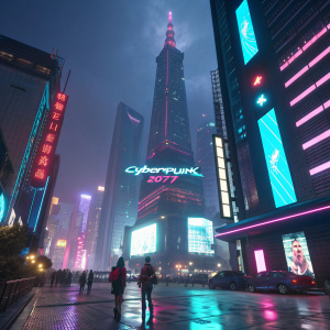 A cyberpunk landscape, illuminated by vibrant neon signs and holographic displays. At the center stands a towering skyscraper, featuring the iconic 'Cyberpunk 2077' logo. The scene is a stunning 3D digital artwork.