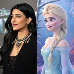 Shruti Haasan, portraying Elsa from Disney's Frozen II, stands confidently on the left, with long black hair and a large necklace. On the right, Elsa is shown in a vibrant, humorous scene from the movie, creating a visually appealing poster-like photo.