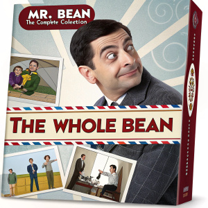 DVD cover for Mr. Bean: The Complete Collection. A mix of cartoon and live-action images. Featuring all episodes across 12-disc set. Whimsical design with the title 'The Whole Bean'