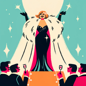 Emma Frost, in a dramatic pose, at the Gotham City gala. Wearing an elegant black gown with a faux fur stole. Stands on a raised podium surrounded by sparkling lights and champagne toasts.