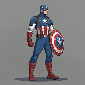 Steve Rogers, aka Captain America, in classic comic panel. Wears iconic red, white, and blue costume. Neutral gray background