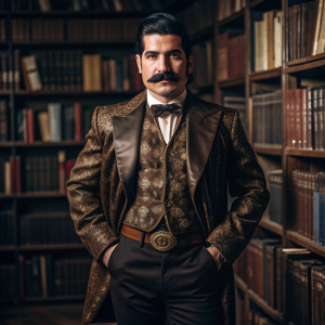 Mexicano de cuerpo completo bibliotecario con bigote y sin barba moreno parecido a Freddy Mercury 