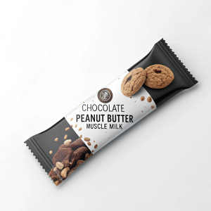 Chocolate Peanut Butter Muscle Milk protein bar. Sleek, elongated design. Black and white packaging. Features images of cookie-like treats. Brand name and flavor prominently displayed