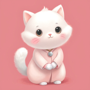 A cute little white Scottish cat with light pink cheeks. Wearing pink pajamas, sitting, holding a watch