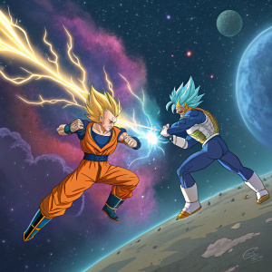 Illustration of Goku and Vegeta fighting. Epic space battle. Explosive energy waves and colorful cosmic backdrop.