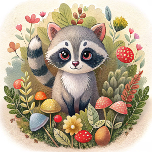 Little cute kitten raccoon chibi baby and butterflies among a lot of grass and different flowers, plants, berries, bushes, mushrooms. White background. High degree of detail, detailed drawing, book illustration, cartoon, children's illustration, vector, grain.