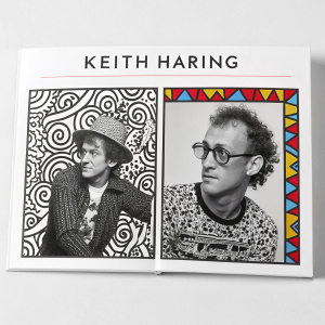 Keith Haring's art showcased in a sleek, modern booklet. Black and white images with bold patterns. Artist's name in large font. Clean, flat design style. Dynamic portraits and minimalistic design elements.