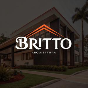 Digital branding design for Britto Arquitetura. Modern sans-serif font 'BRITTO' in white. Dark solid black background with vibrant orange accents. Sleek and contemporary aesthetic.