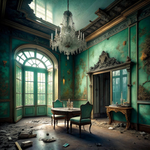 Everywhere is messy and dirty. The gray-green wall plaster has fallen off, the brown wallpaper has peeled off on the wall on the right. A large old crystal chandelier hangs from the ceiling. In the middle of the room is a long renaissance style wooden table and around it are very old broken chairs with velvet backs and flashy gilding. An old and broken light near the window a shining floor lamp. The floor is black and white with old worn out flooring. A clock hangs on the wall. Family photos are
