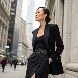 Chriselle Lim, Asian model in elegant attire. Wearing black blazer, slim black top, and belted skirt. Against a busy city street background.