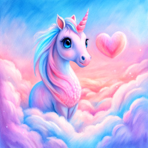 cute big eye unicorn on fluffy cloud with flower