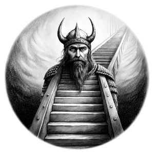 viking in walhalla stairs runen symbols pattern - perfect realistic art, high-definition, high-definition grey and black, white background 