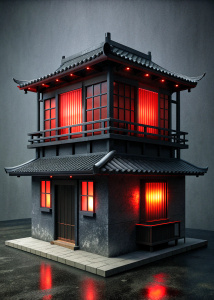 Black japanese house with red windows