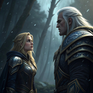 Digital illustration of Jaina Proudmoore and Arthas Menethil from Warcraft. Jaina, blonde hair, on left. Arthas, long white hair, on right. Dark, misty forest background.