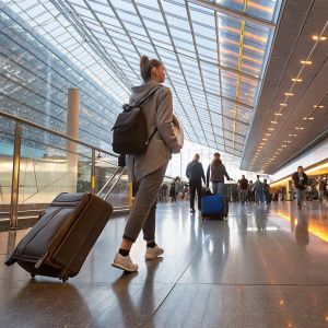 Maria Sharapova, moving through a bustling airport terminal. Casual wear, holding a backpack and suitcase.