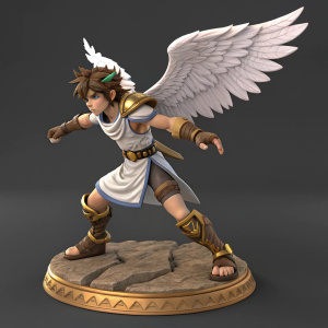 A digital illustration of a figurine from the Kid Icarus series, named Pit, in an action pose. The figurine is standing on a base with a textured surface. The background is a dark neutral grey. The figurine's wings and detailed clothing are intricately textured, creating a fantasy art aesthetic.