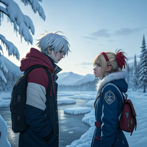 Image of Shoto Todoroki and Himiko Toga from My Hero Academia, surrounded by frozen terrain. Snowy landscape background.