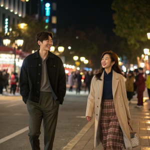 Lee Jong-suk and Kim Go-eun walking down a busy street at night in Seoul, under soft streetlights.
