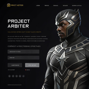 Project Arbiter's webpage featuring a sleek black background with vibrant silver highlights. The design is influenced by the intricate patterns of a superhero's suit. Includes an interactive contact form for visitors to reach out.