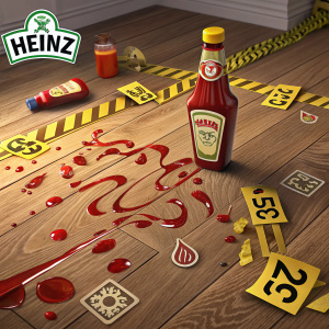 Illustrated ad for Heinz ketchup. Scene looks like a crime scene investigation, with Heinz logo written in Spanish. The floor is wooden, marked with crime scene tape and numbered clues, surrounded by red and brown liquid resembling blood.