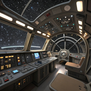 Highly detailed 3D model of the interior of the Millennium Falcon from Star Wars. Futuristic control panels and electronic systems dominate the cockpit area. The scene is set against a starry space background.