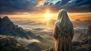 taylor swift memakai hijab dengan background sedang berdoa di pegunungan yang indah