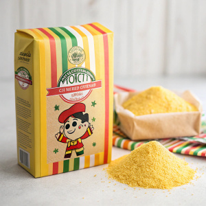 Close-up of Moretti Polenta Bio packaging featuring a playful cartoon character and vibrant stripes. Set against a plain, light backdrop, with a small heap of golden polenta beside it, emphasizing the brand's commitment to tradition and quality.