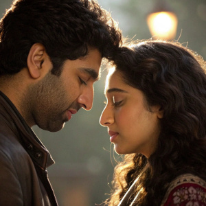 Close-up of Aditya and Arijit from Aashiqui 2, dark-skinned South Asian male and female with dark hair. Softly blurred background with warm golden lighting. Romantic movie moment