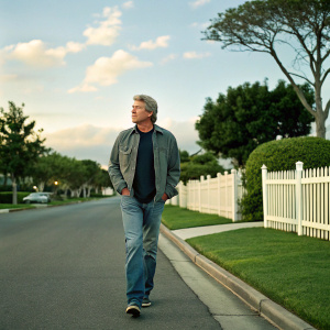 Richard Gere strolling down a quiet suburban street. Green lawn, white picket fences, and a clear blue sky in the background.