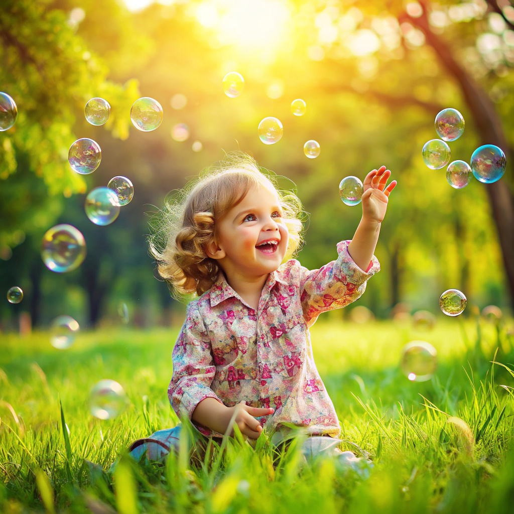 a happy child playing in the nature, soap bubbles around