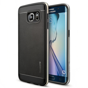 A sleek black Spigen Neo Hybrid Case for Samsung Galaxy S6 Edge. Textured rear with mesh design, partially obscuring the phone's blue screen. Shot against a stark white backdrop.