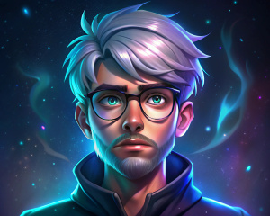 26 years old person,very short white hair (almost moican), beard, and glasses, smilling