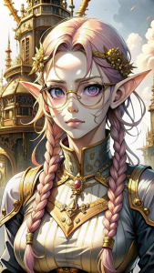 Tomer Hanuka~ H.R Giger ~ Junji Ito~ Beautiful Elf posing by a tower. with freckles and glasses and long pink hair braided, warrior. steampunk.