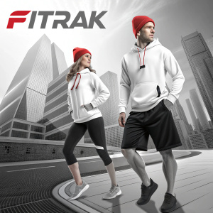 Promotional image showcasing FitTrak's range of sportswear. Models wear matching white hoodie, black shorts, and red beanie. Bold FitTrak logo. Urban setting.