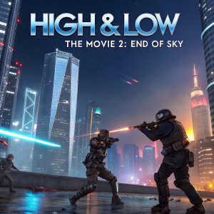 Promotional artwork for 'High&Low THE MOVIE 2: END OF SKY'. Futuristic cityscape, characters in combat gear, intense battle scene.
