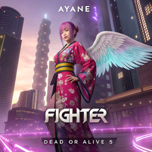 Ayane, from Dead or Alive 5, in a vibrant kimono with detailed patterns and large wings. Poses in a futuristic cityscape. 'Fighter' text overlay