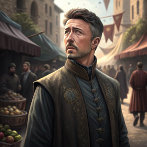 Ser Petyr Baelish, commonly known as Littlefinger, stands in King's Landing. Dressed in fine clothing, his facial expression conveys a mix of cunning and concern. The background is bustling with market activity.