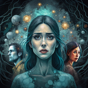 Crea una imagen representativa del concepto: (UNA MUJER TRISTE Y ENFERMA) .Fondo oscuro, Detalles finos. Estilo fantasía. 