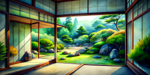 Japanese backyard garden with rocks and trees seen through a sliding door of a modern Japanese house.