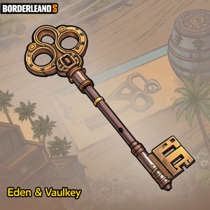 Concept art for Borderlands 3 featuring Vault Keys by Eden & Vaulkey. Digital illustration with a detailed design, brownish color scheme, and a game logo.