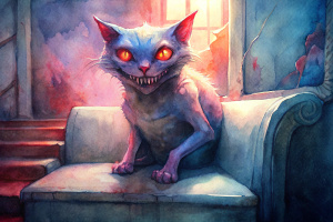 disturbing monster killer cat sinister smile dark intense night room red eyes sit the sofa window stairs house creepy