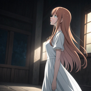 Nakano Nino, character from 'The Quintessential Quintuplets', in a detailed 3D model. Standing in a dimly lit room, her white dress stands out against the dark background. Her long straight hair flows gently.