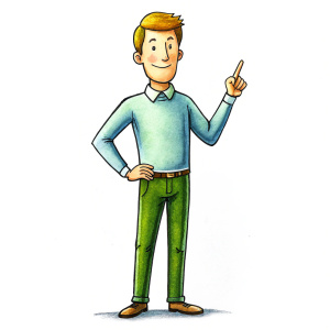40 years old man, as a drawing for a cartoon, on a white background, whole body he points with his hands