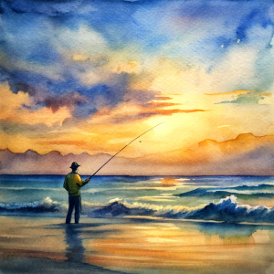 outline of fisherman fishing in the pacific ocean from the shore with a sunset in the background